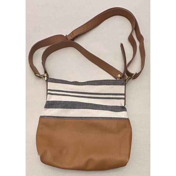 Fossil Amelia Hobo Crossbody Shoulder Bag Brown Leather With Stripe Fabric - Picture 2 of 10